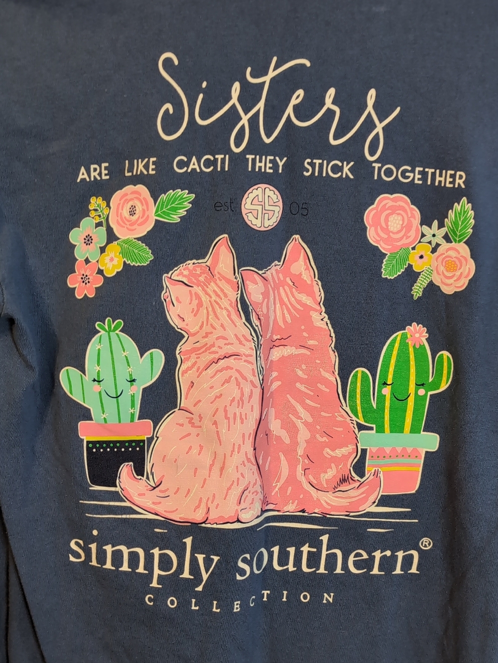 Simply Southern Sisters Cactus Cat Long Sleeve Tee womens Medium - Picture 2 of 6